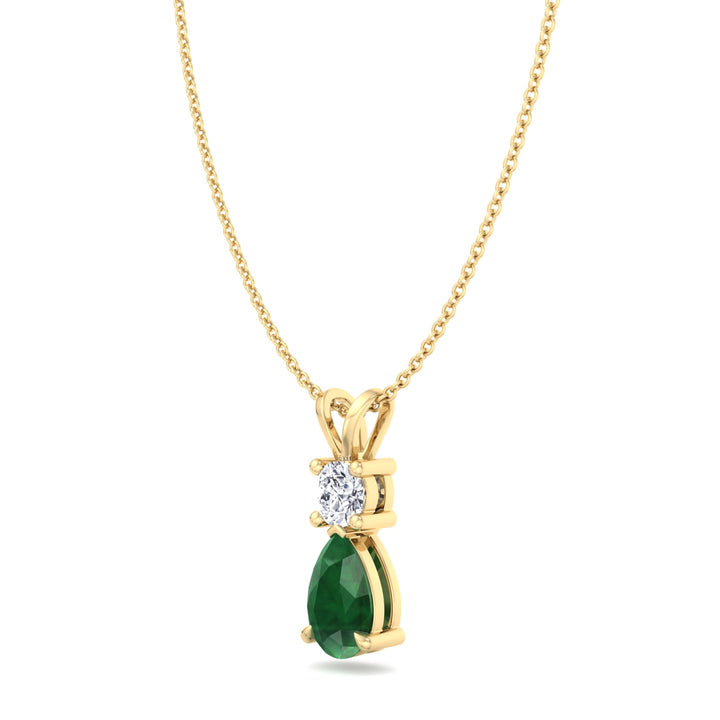 Natural Pear Shape Green Emerald & Round Shape Diamond Teardrop Pendant Necklace