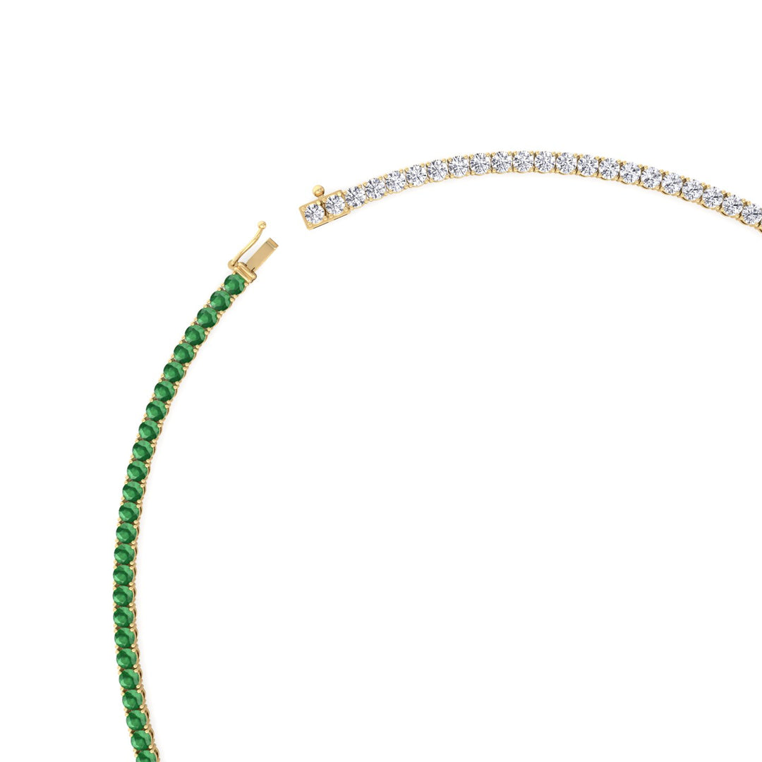 Natural Half Green Emerald and Diamond Tennis Necklace Yellow Gold
