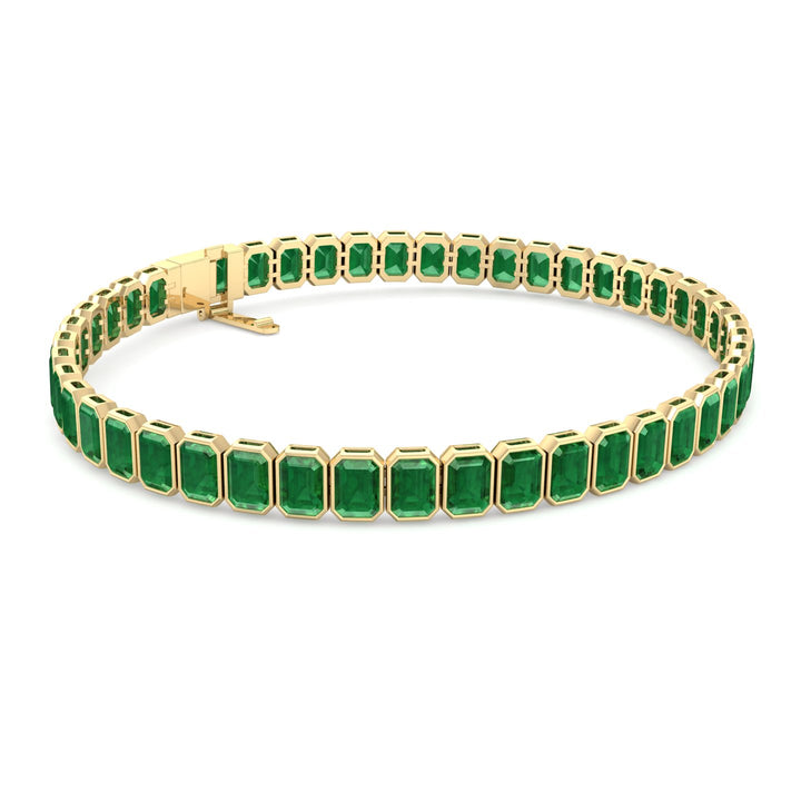 Bezel Set Emerald Cut Natural Green Emerald Tennis Bracelet Yellow Gold 18K
