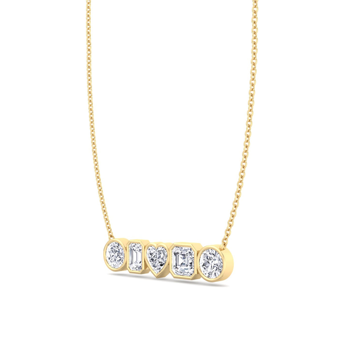  Round-Emerald-Heart-Asscher-Cut-Diamond-in- Bezel-Setting-18K-Yellow-Gold