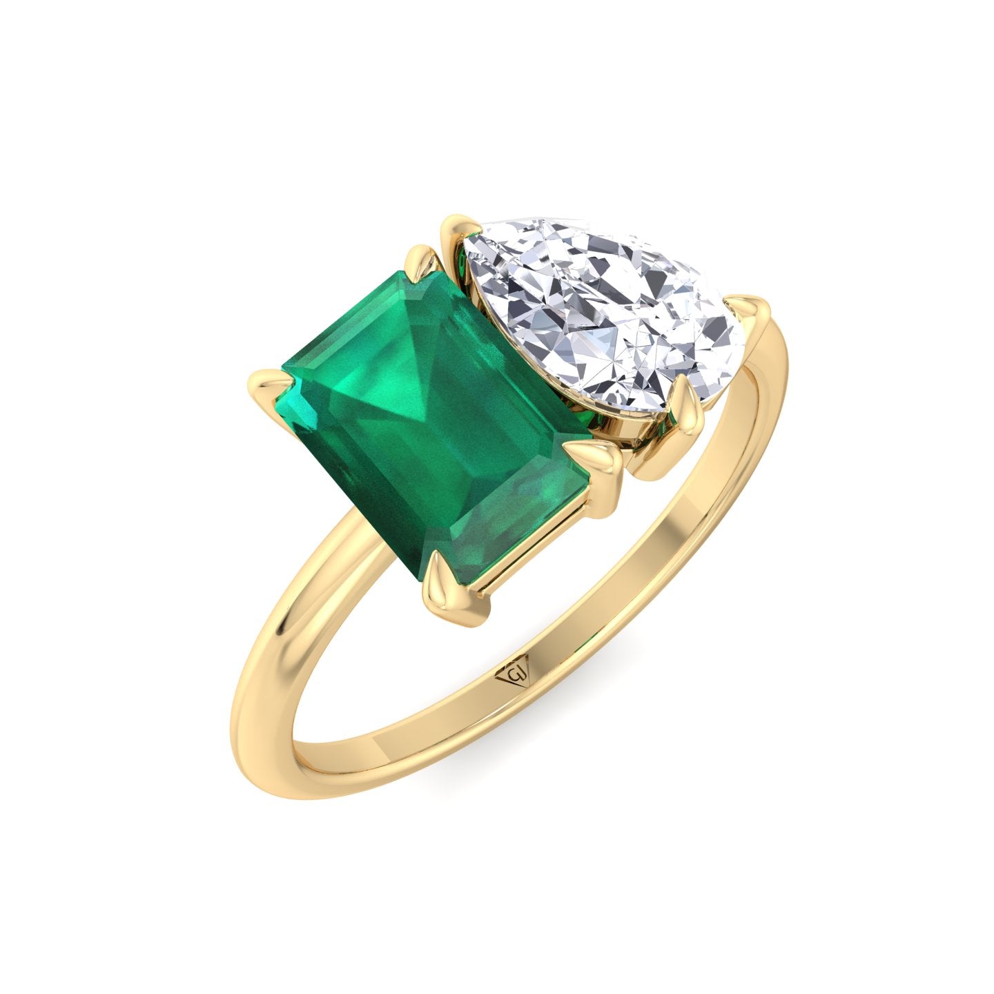 Demi - Toi et Moi Green Emerald & Pear Cut Diamond Engagement Ring - Gem Jewelers Co