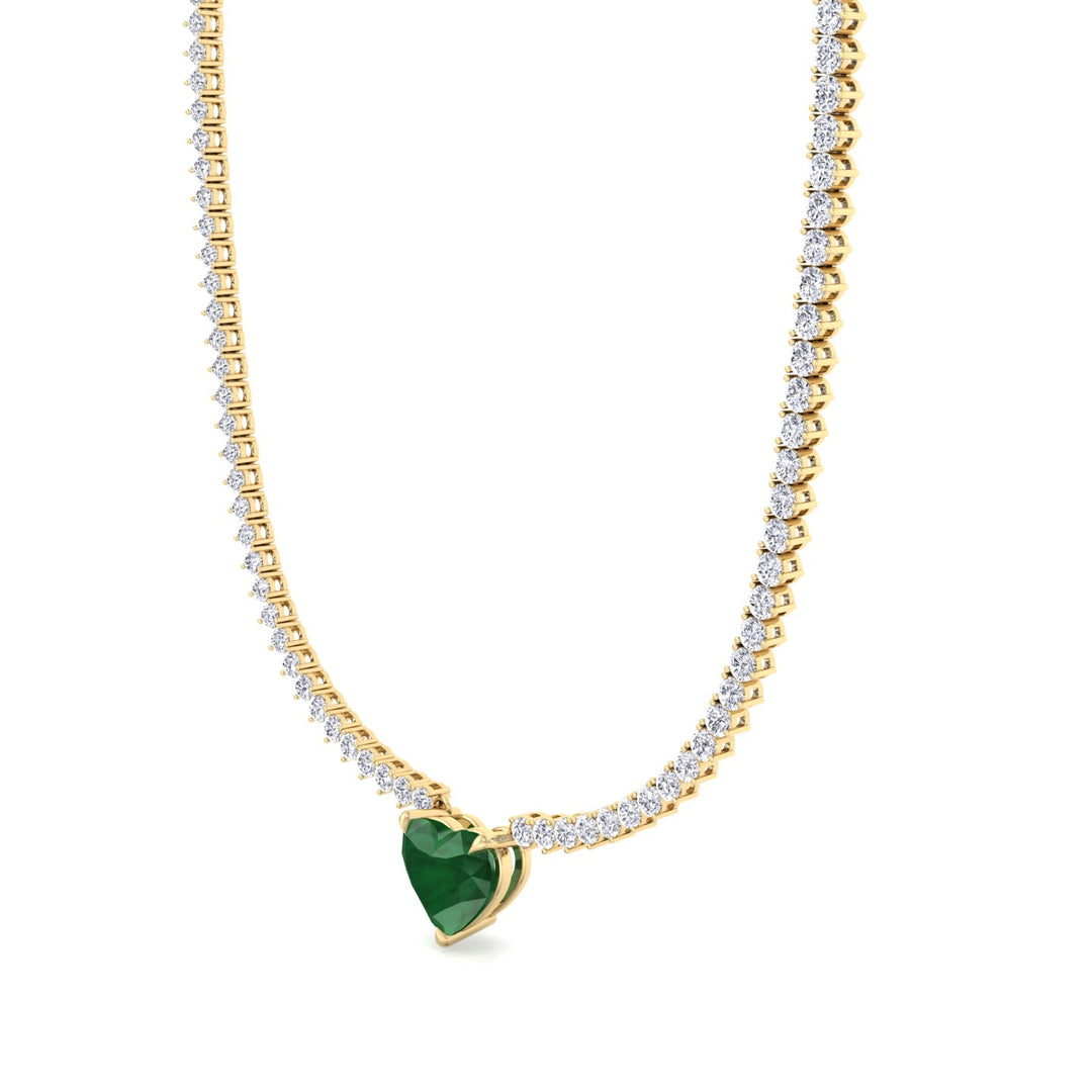  3-Prong Tennis Necklace with Green Emerald Heart Shape Pendant YG 4