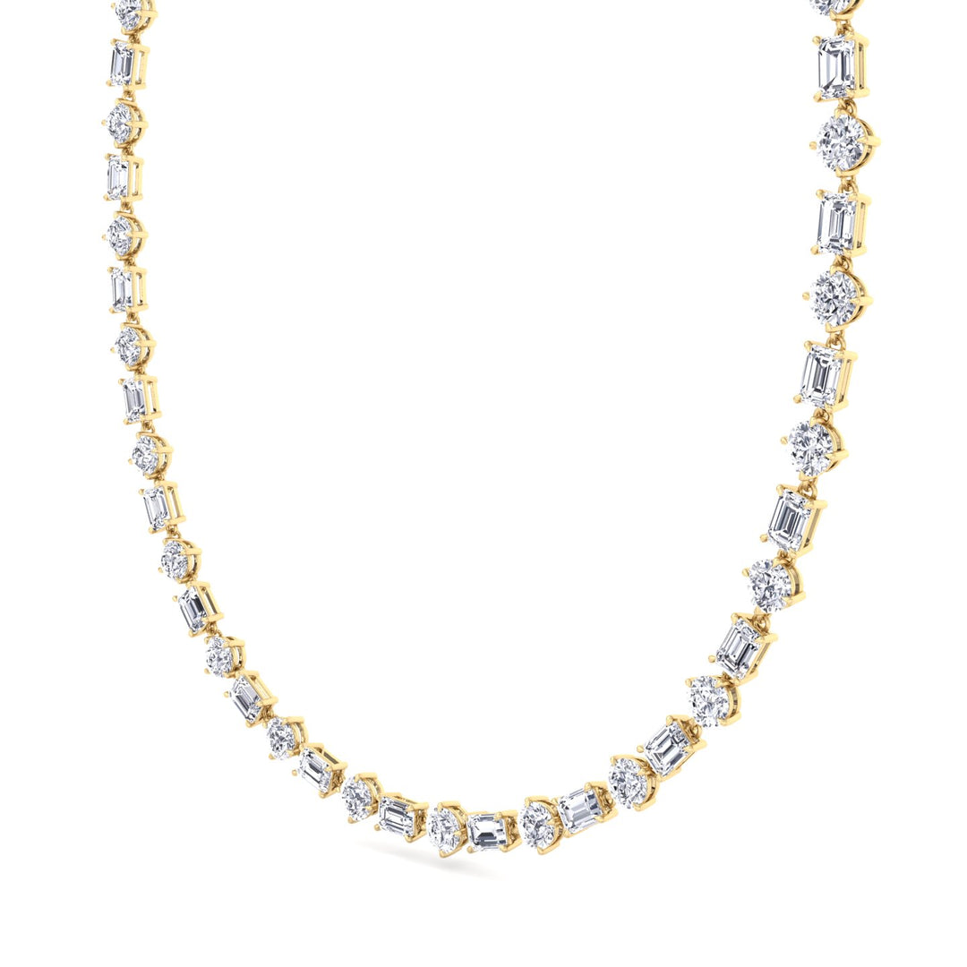 Alternating Emerald and Round Natural Diamond Tennis Necklace Yellow Gold  18K
