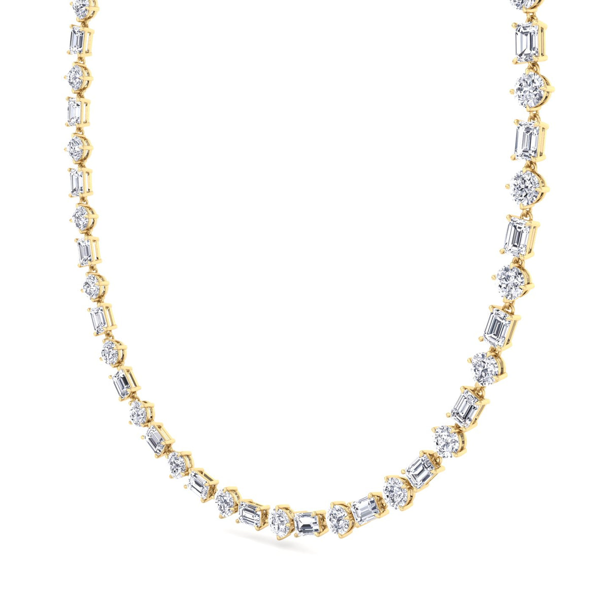 Alternating Emerald and Round Natural Diamond Tennis Necklace Yellow Gold  18K