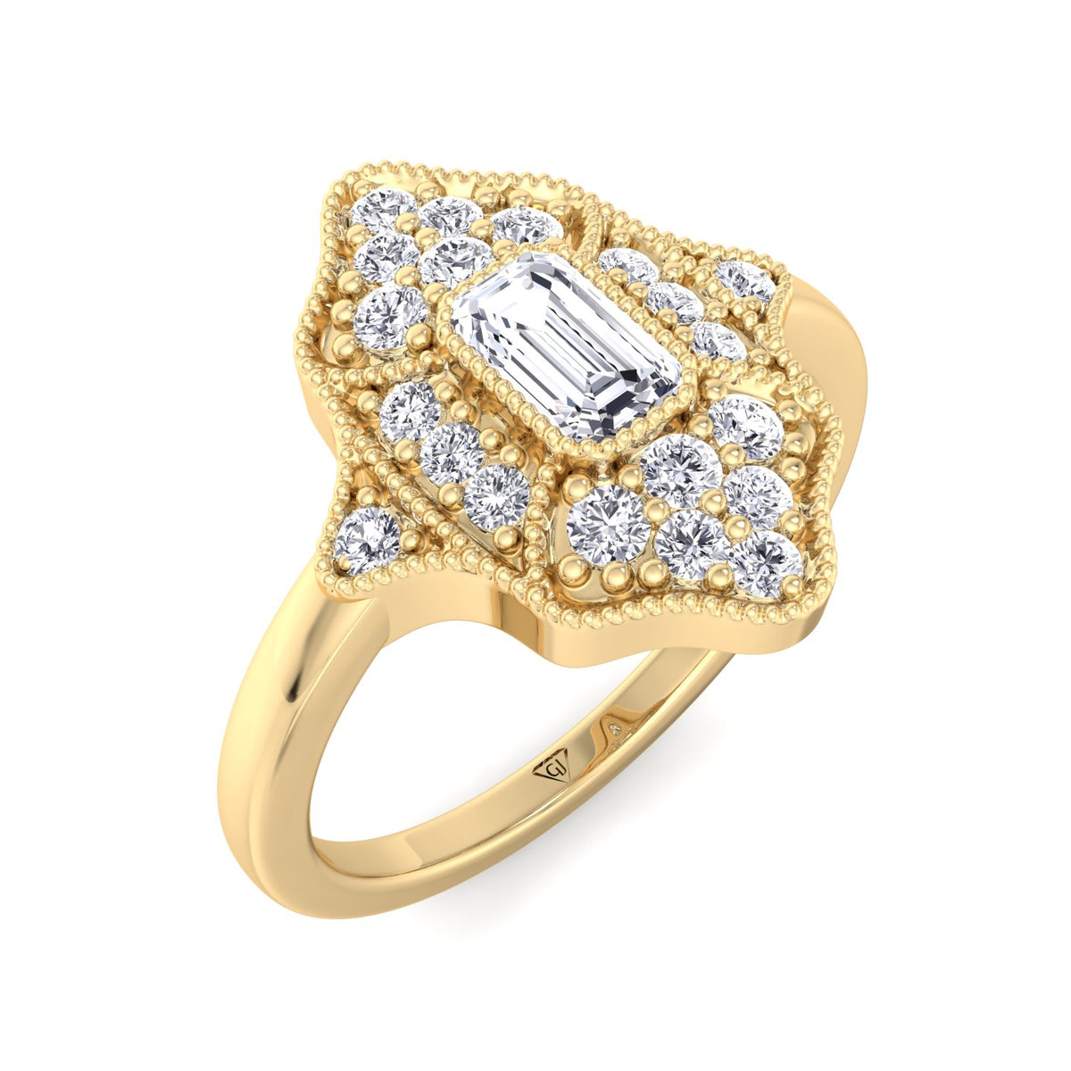 Ornella - Vintage Style Emerald Shape Diamond Engagement Ring With Round Side Stone - Gem Jewelers Co