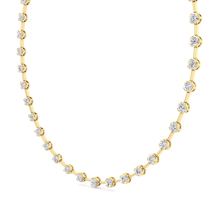 Crown Prong Round Natural Diamond Bar Necklace Yellow Gold 14K 