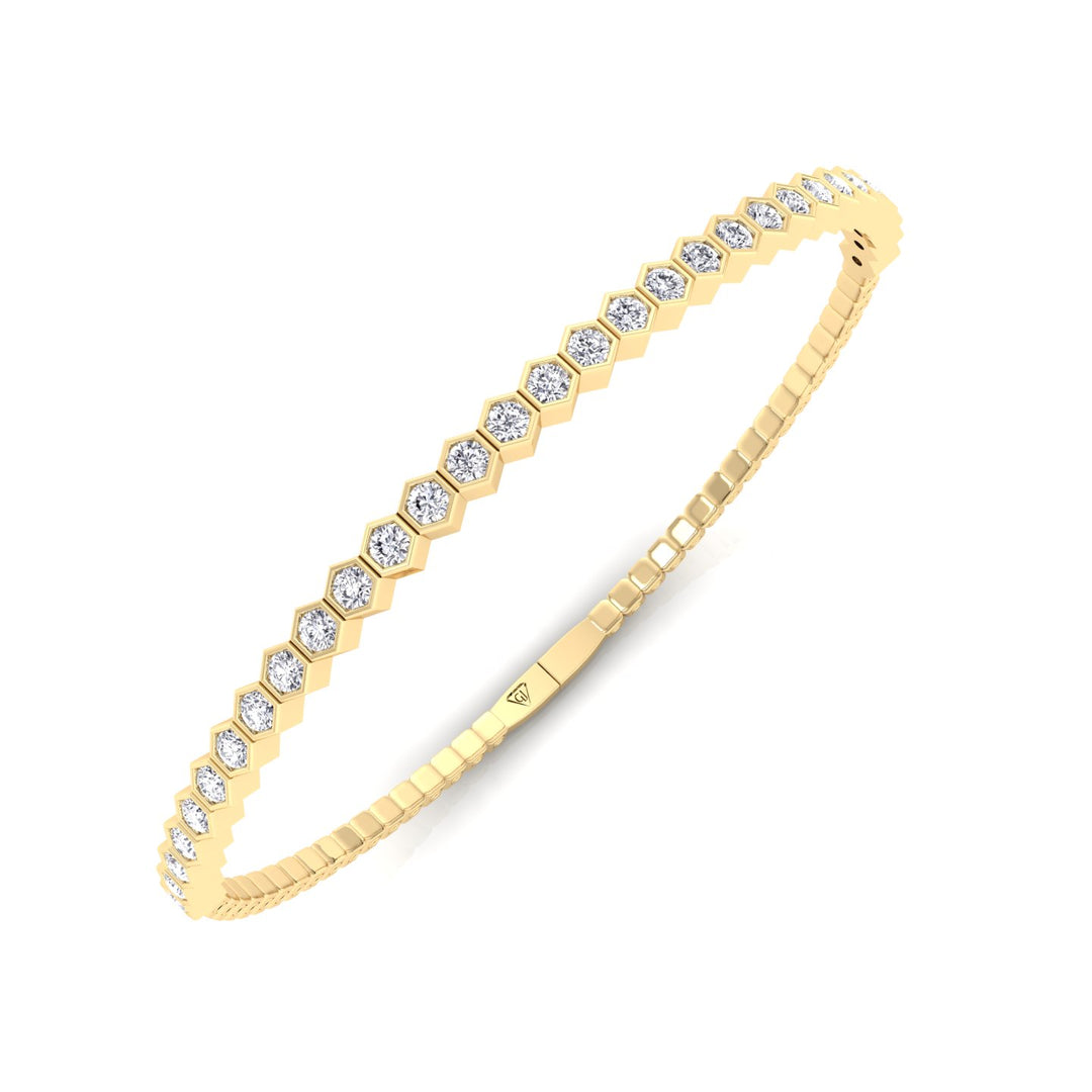 Hexagonal Bezel Set Natural Diamond Flexible Bangle Yellow Gold 18K