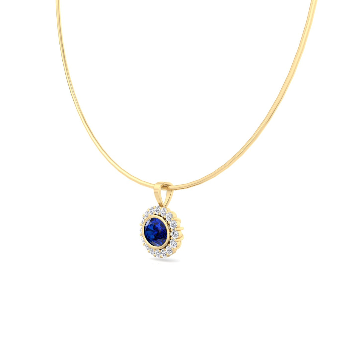 Oval Shape Natural Blue Sapphire and Diamond Halo Pendant in Omega Chain Yellow Gold 14K