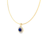 Oval Shape Natural Blue Sapphire and Diamond Halo Pendant in Omega Chain Yellow Gold 14K