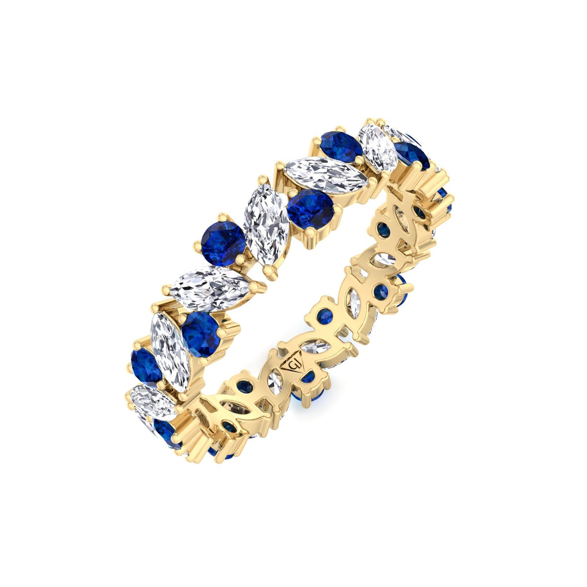 Round Natural Blue Sapphire and Marquise-Cut Natural Diamond Eternity Band YG