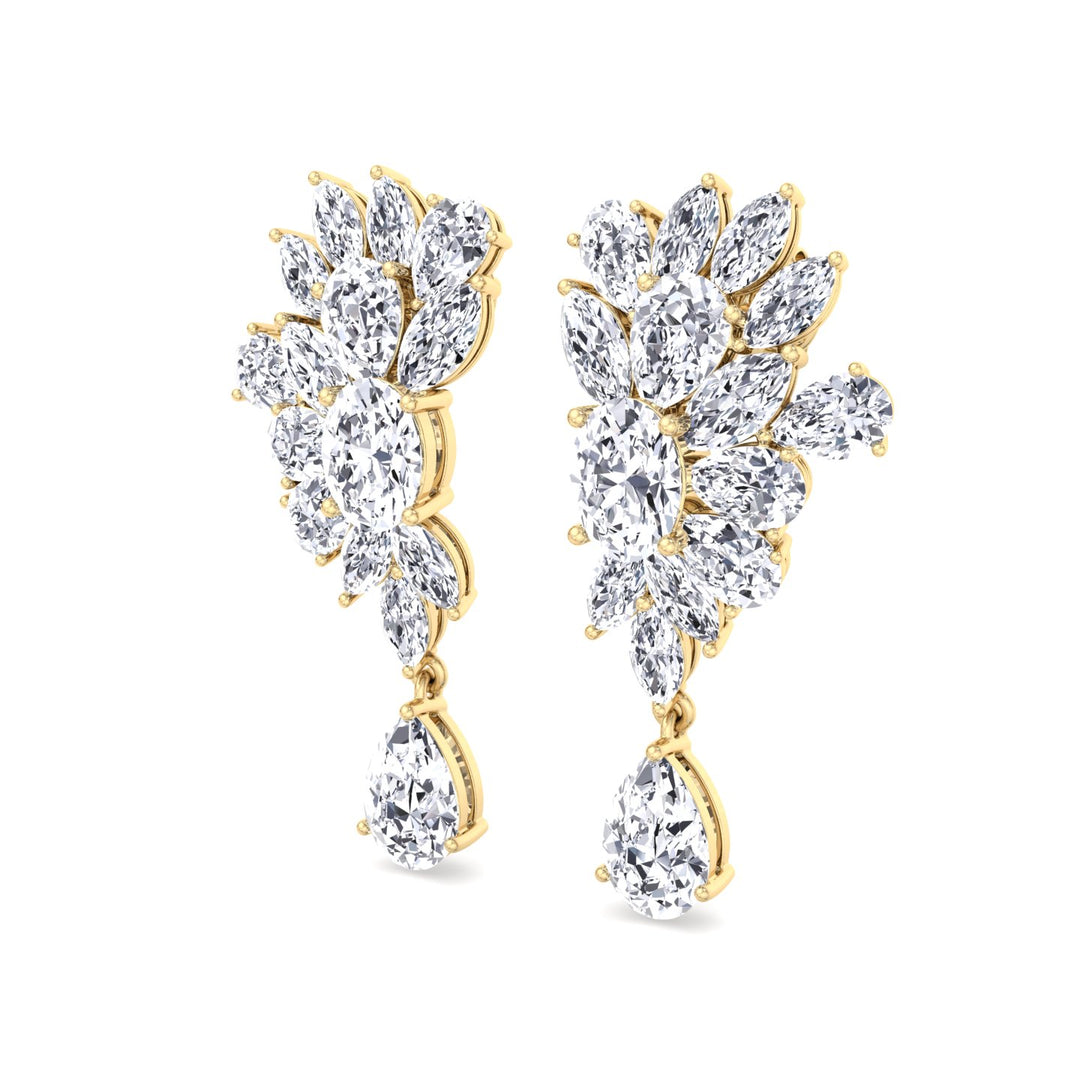Cluster Marquise and Pear Shape Natural Diamond Drop Earrings Yellow Gold 18K