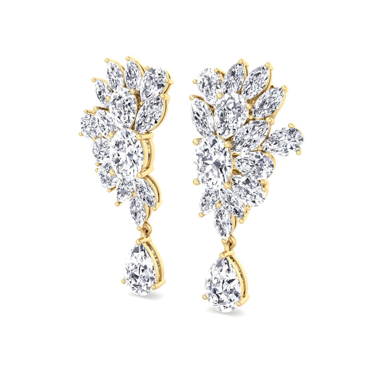 Cluster Marquise and Pear Shape Natural Diamond Drop Earrings Yellow Gold 18K