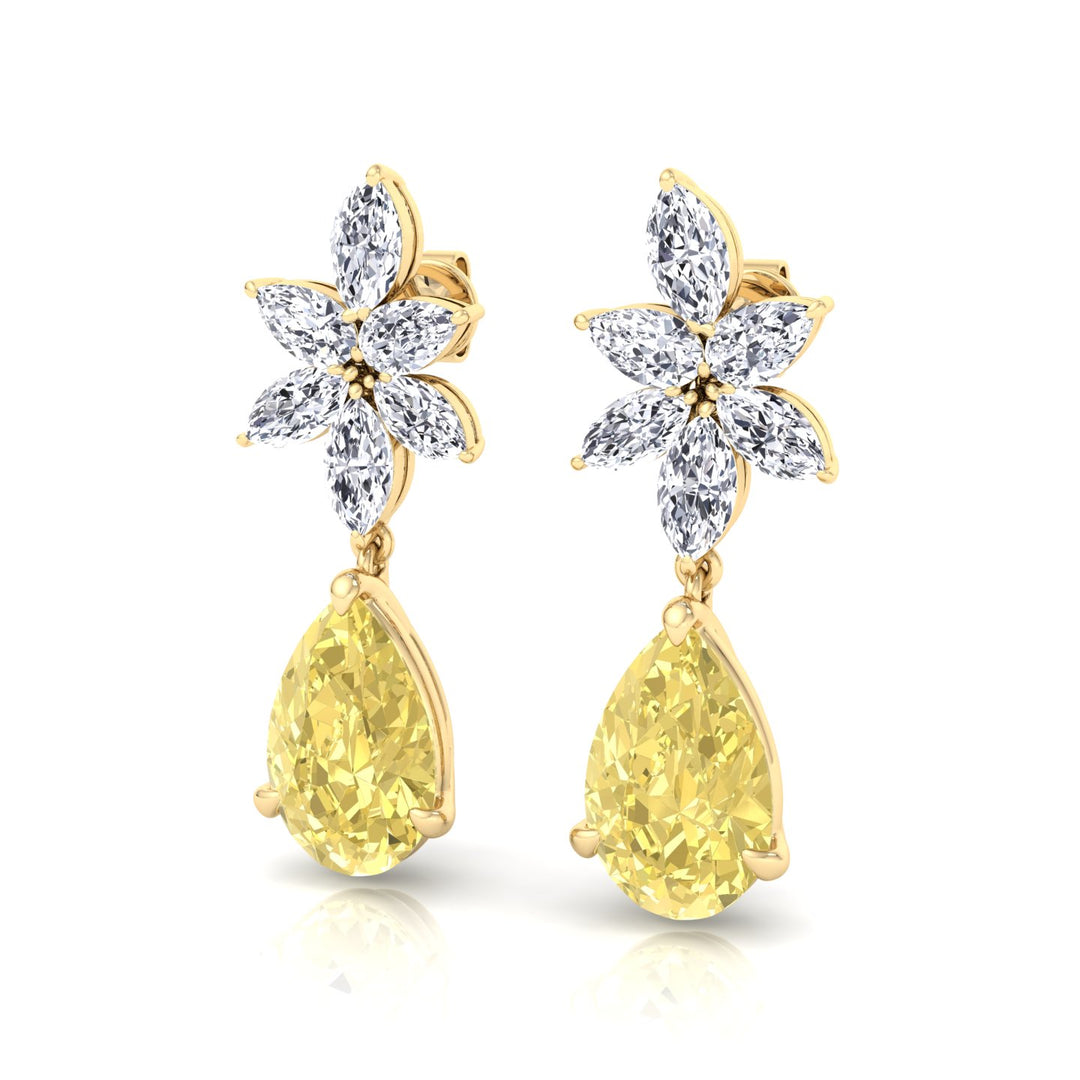 Pear & Marquise Cut Natural Diamond & Fancy Yellow Diamond Cluster Drop Earrings