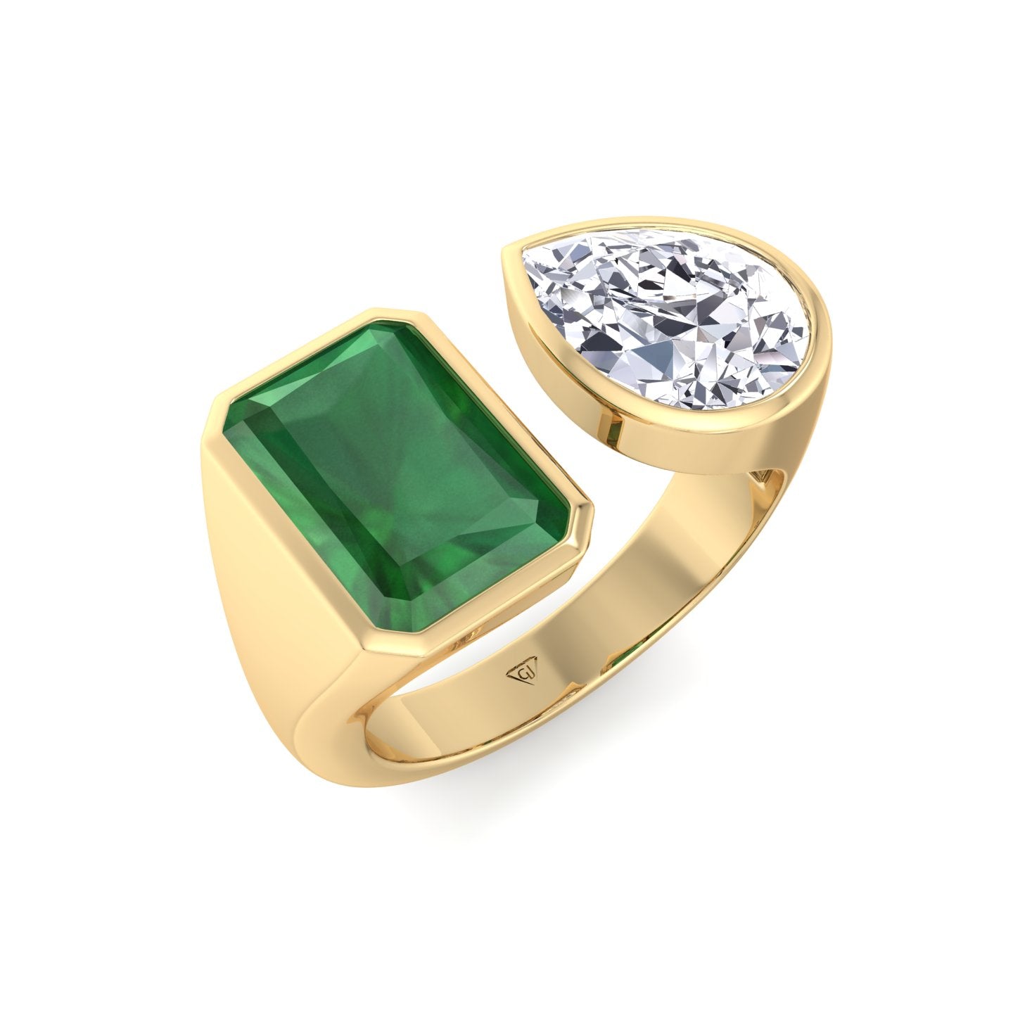 Pamina - Bezel Set Toi Et Moi Green Emerald and Pear Shape Diamond Open Ring - Gem Jewelers Co