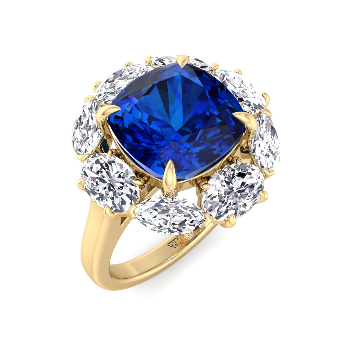Valeria - Cushion Shape Blue Sapphire Engagement Ring With Oval and Marquise Diamond Side Stones - Gem Jewelers Co