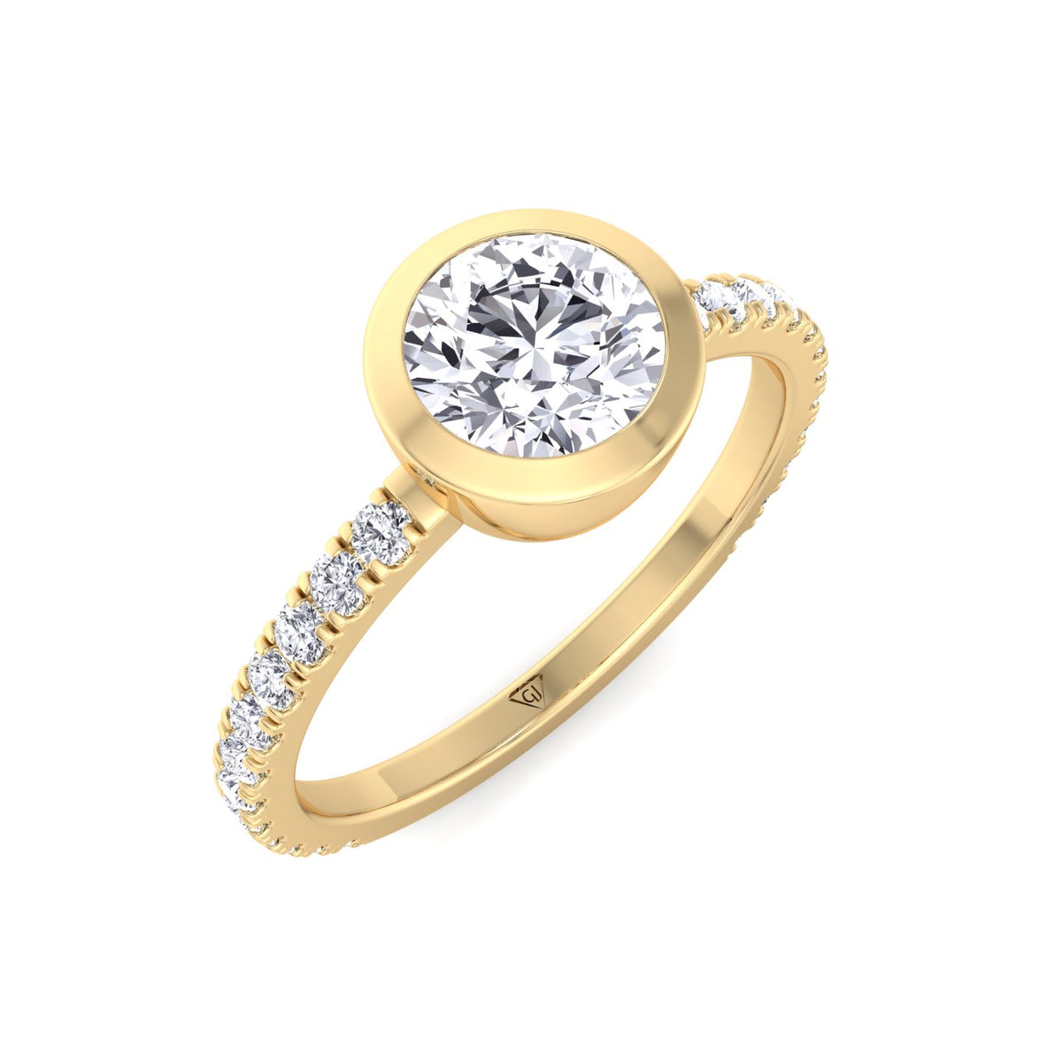 Monza - Round Bezel Set Engagement Ring with Pave Band - Gem Jewelers Co