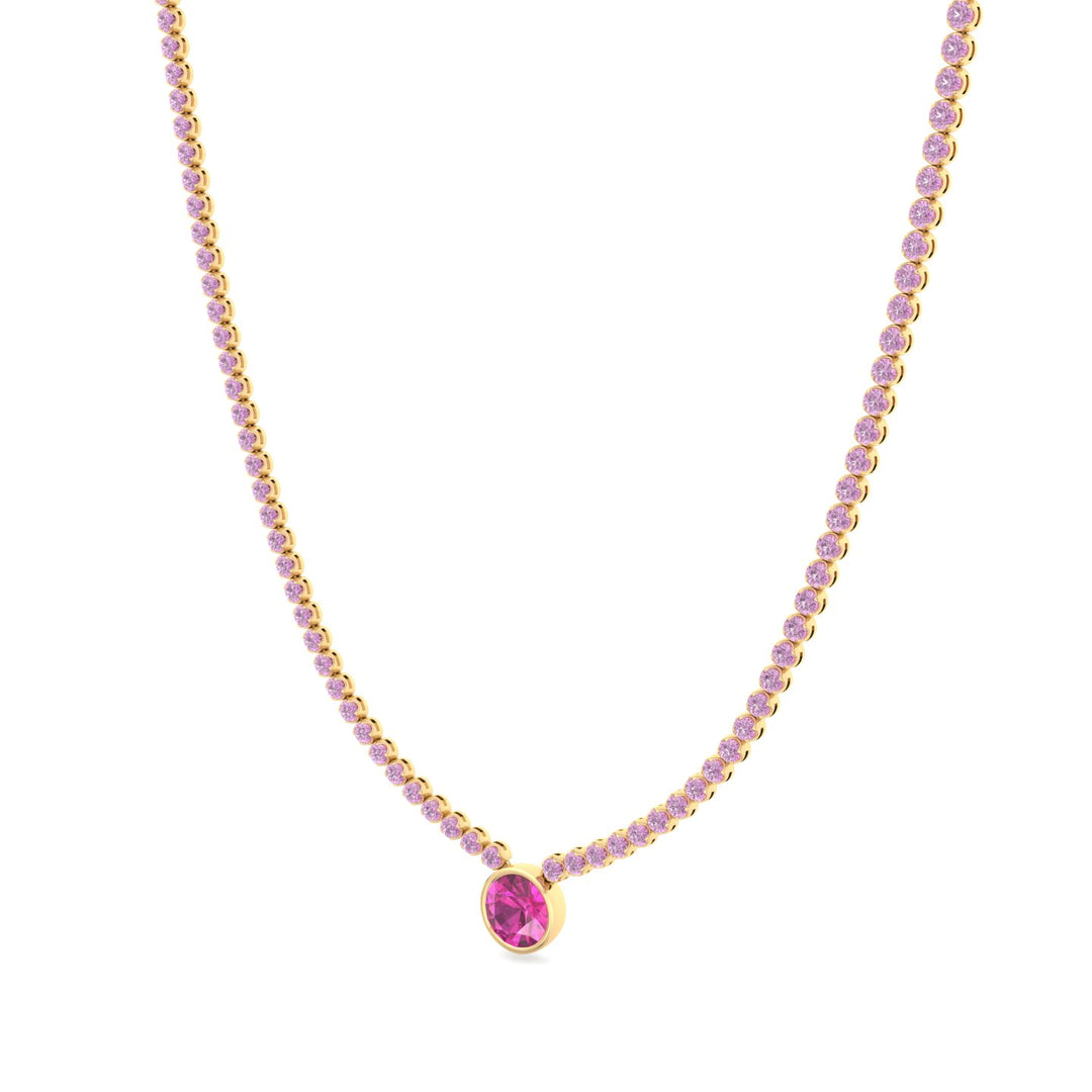 9.5CT T.W Round Cut Crown Prong Natural Pink Sapphire Tennis Necklace with Round Bezel Pendant