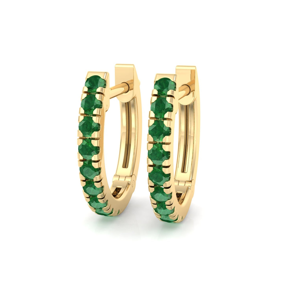 Natural Green Emerald Round Shape Huggie Hoop Earrings Yellow Gold 18K