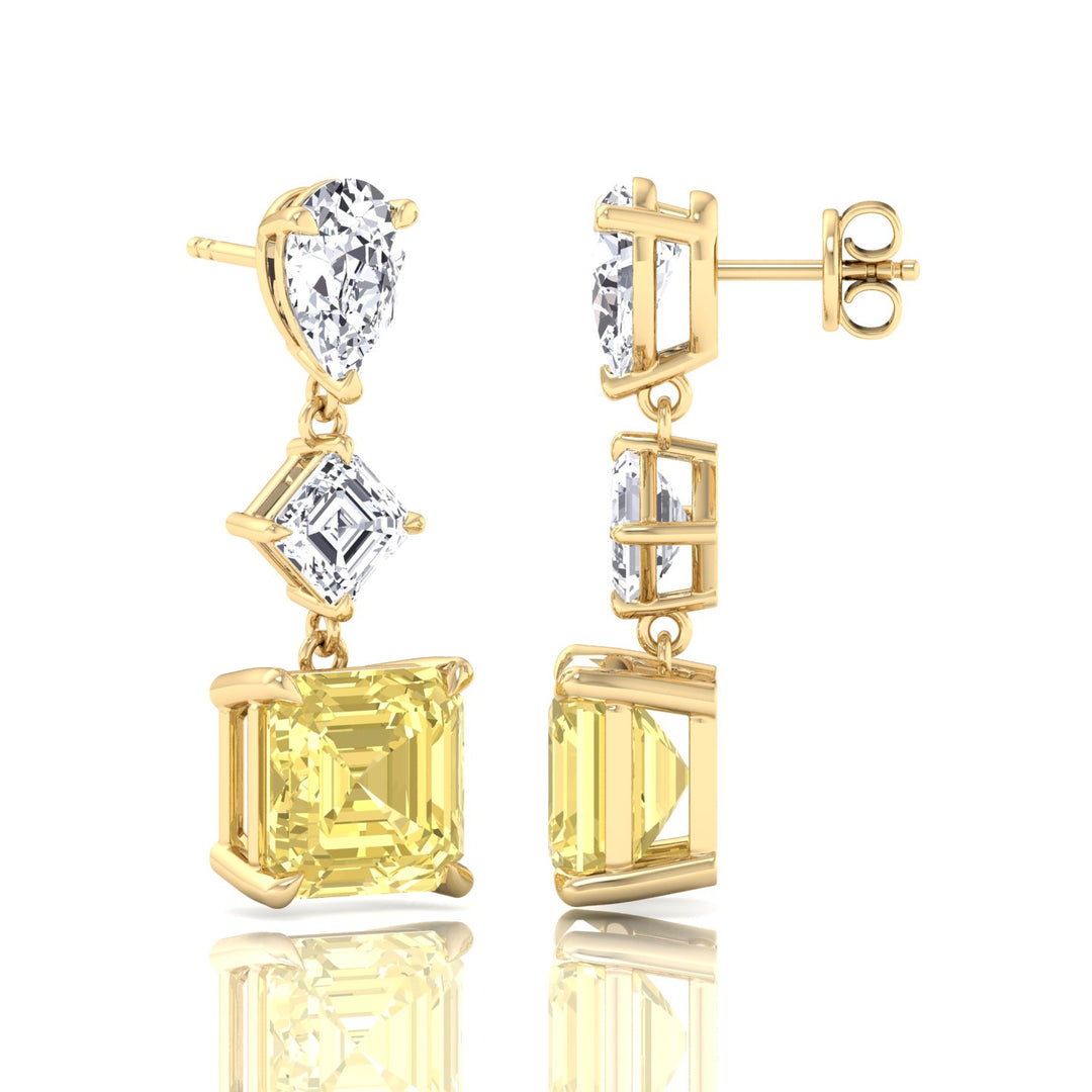 Pear & Asscher Cut Natural Diamond & Fancy Yellow Diamond Drop Earrings