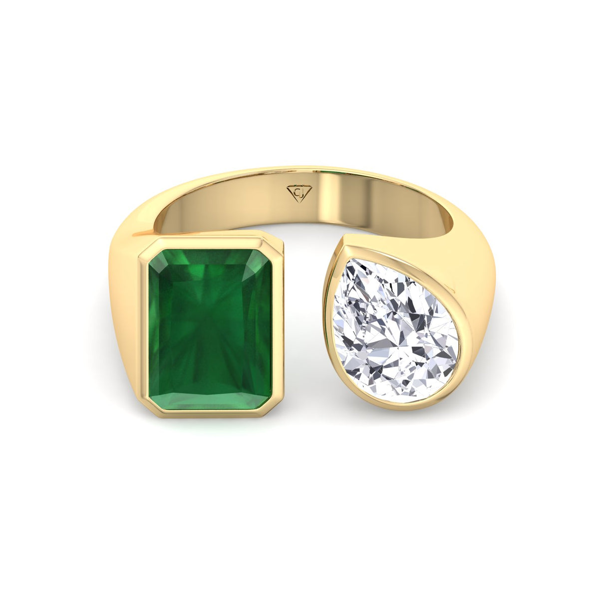Pamina - Bezel Set Toi Et Moi Green Emerald and Pear Shape Diamond Open Ring - Gem Jewelers Co