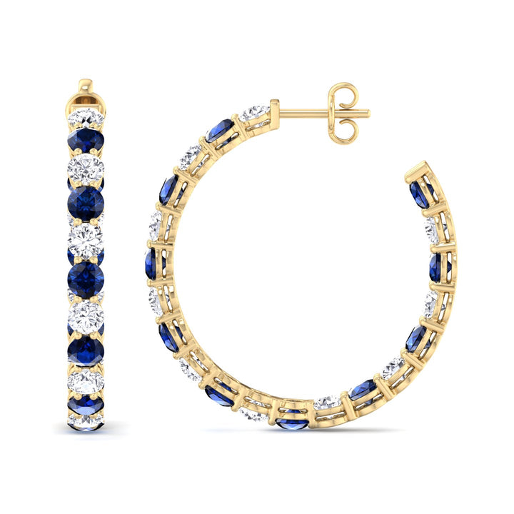 Alternating Natural Blue Sapphire and Diamond Inside Out Hoop Earrings Yellow Gold