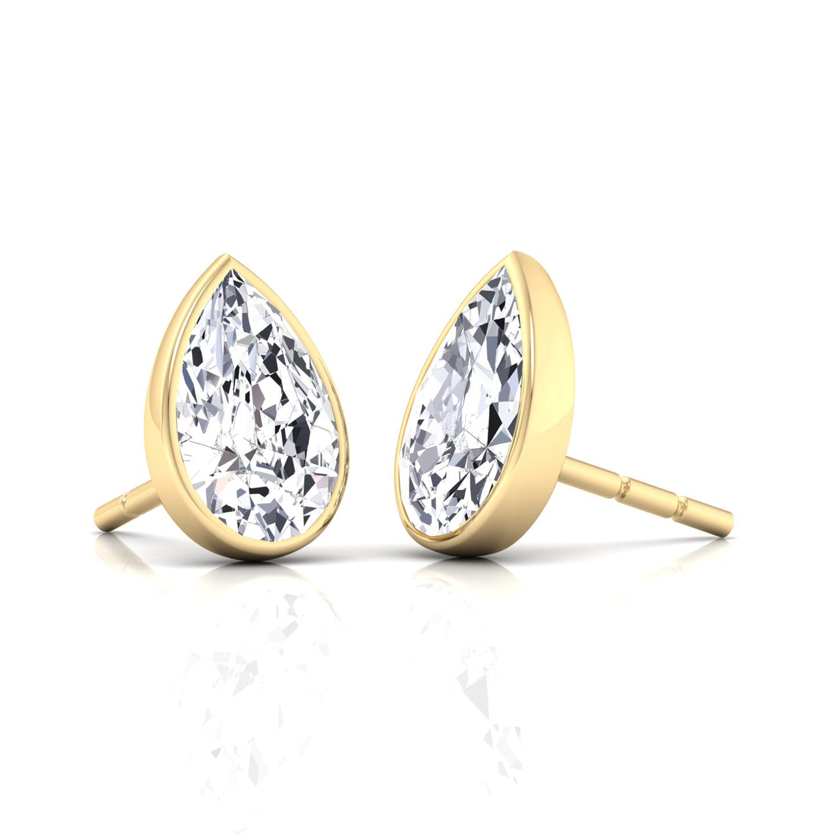 Bezel Set Pear Shape Natural Diamond Studs--0.5CT-1CT-2CT-Yellow Gold