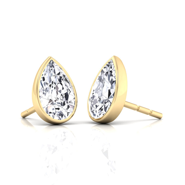 Bezel Set Pear Shape Natural Diamond Studs--0.5CT-1CT-2CT-Yellow Gold