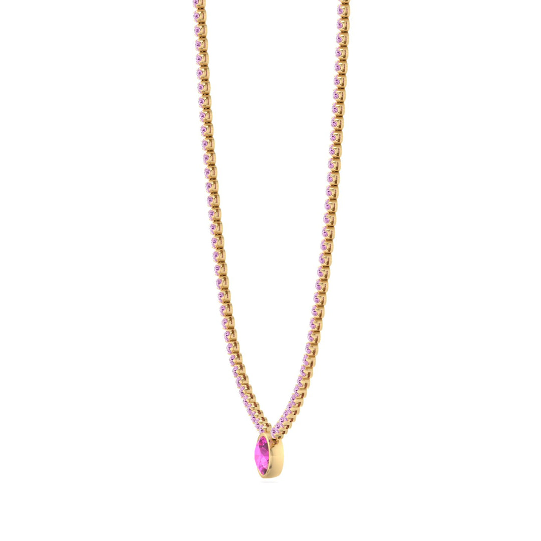 9.5CT T.W Round Cut Crown Prong Natural Pink Sapphire Tennis Necklace with Round Bezel Pendant