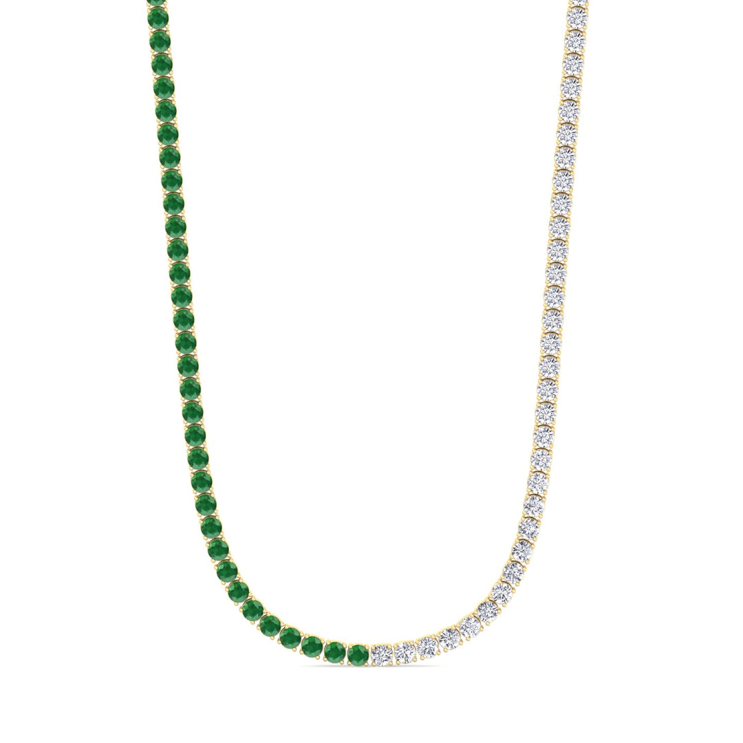 Natural Half Green Emerald and Diamond Tennis Necklace Yellow Gold 14K