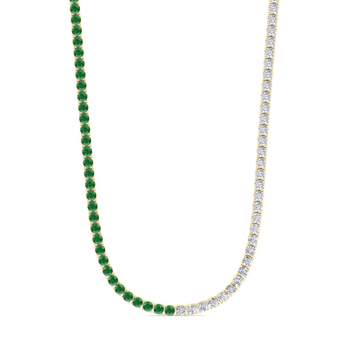 Natural Half Green Emerald and Diamond Tennis Necklace Yellow Gold 14K