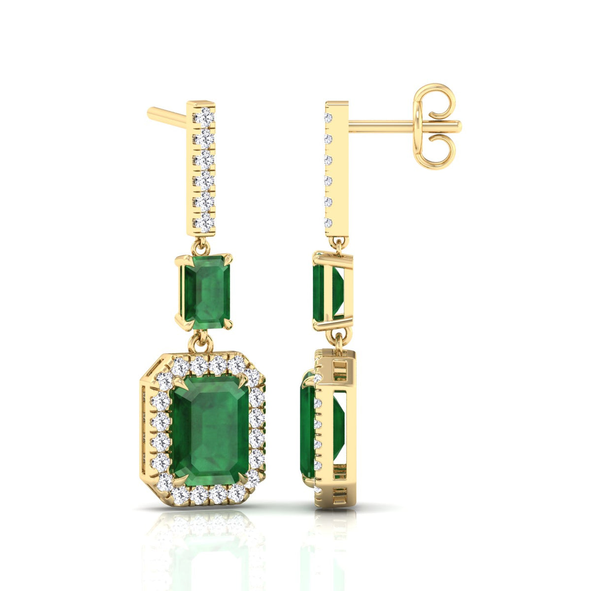 Natural Green Emerald & Diamond Drop Earrings-0.45CTW-Yellow Gold