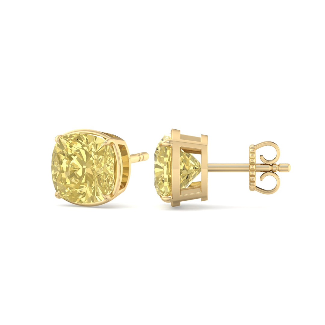 Natural Fancy Yellow Cushion Cut Diamond Studs Yellow Gold 18K