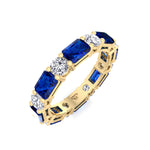 Alternating Natural Emerald Shape Blue Sapphire and Round Shape Diamond Eternity Band Yellow Gold 14K 18K