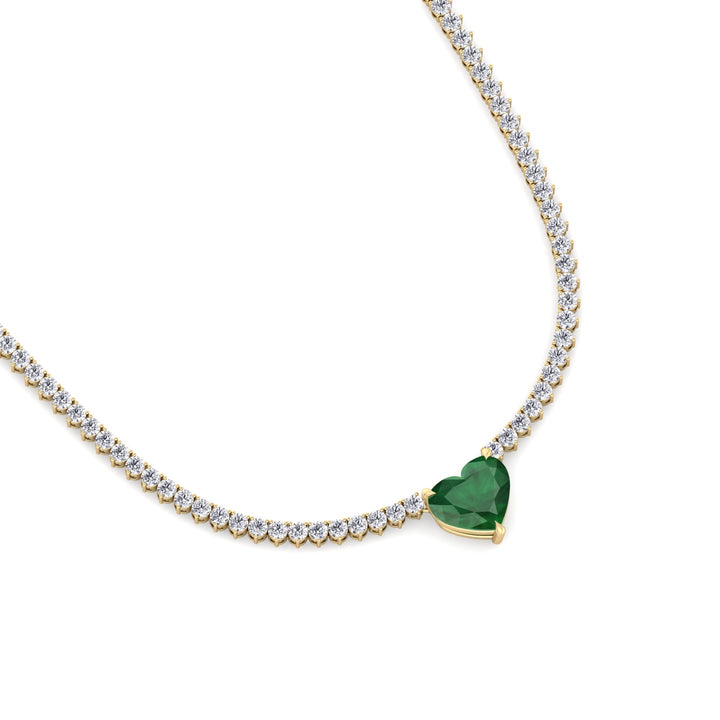  3-Prong Tennis Necklace with Green Emerald Heart Shape Pendant YG 3