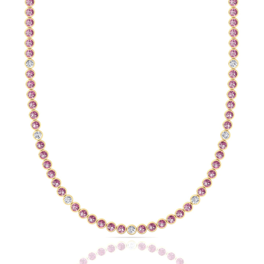 Bezel Set Natural Pink Sapphire Tennis Necklace with Diamonds
Yellow Gold