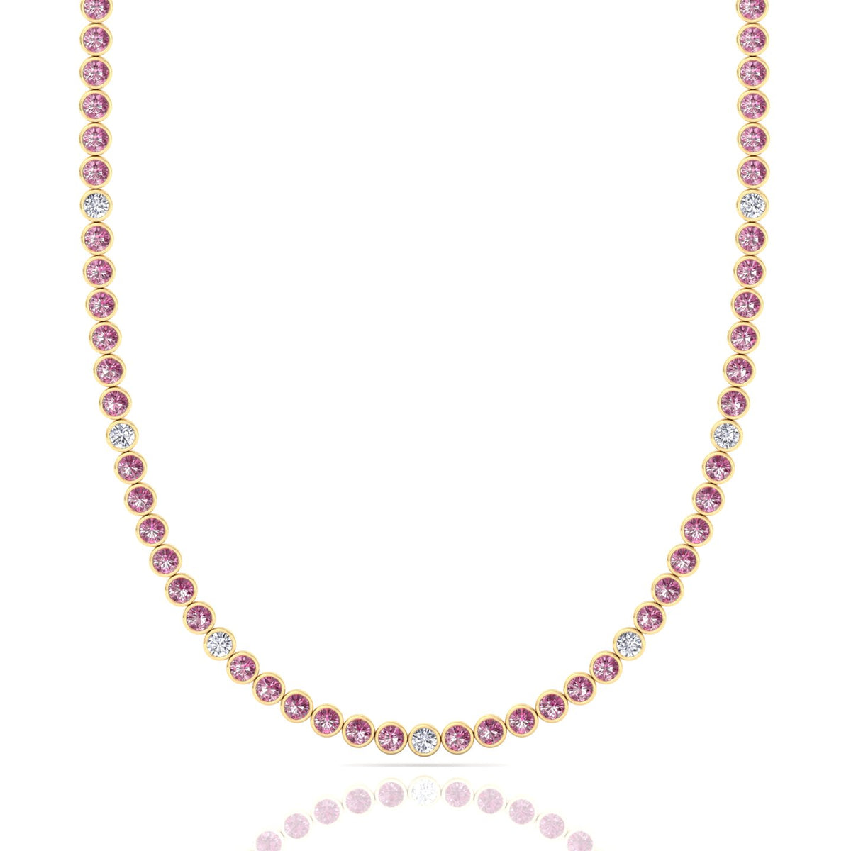 Bezel Set Natural Pink Sapphire Tennis Necklace with Diamonds
Yellow Gold
