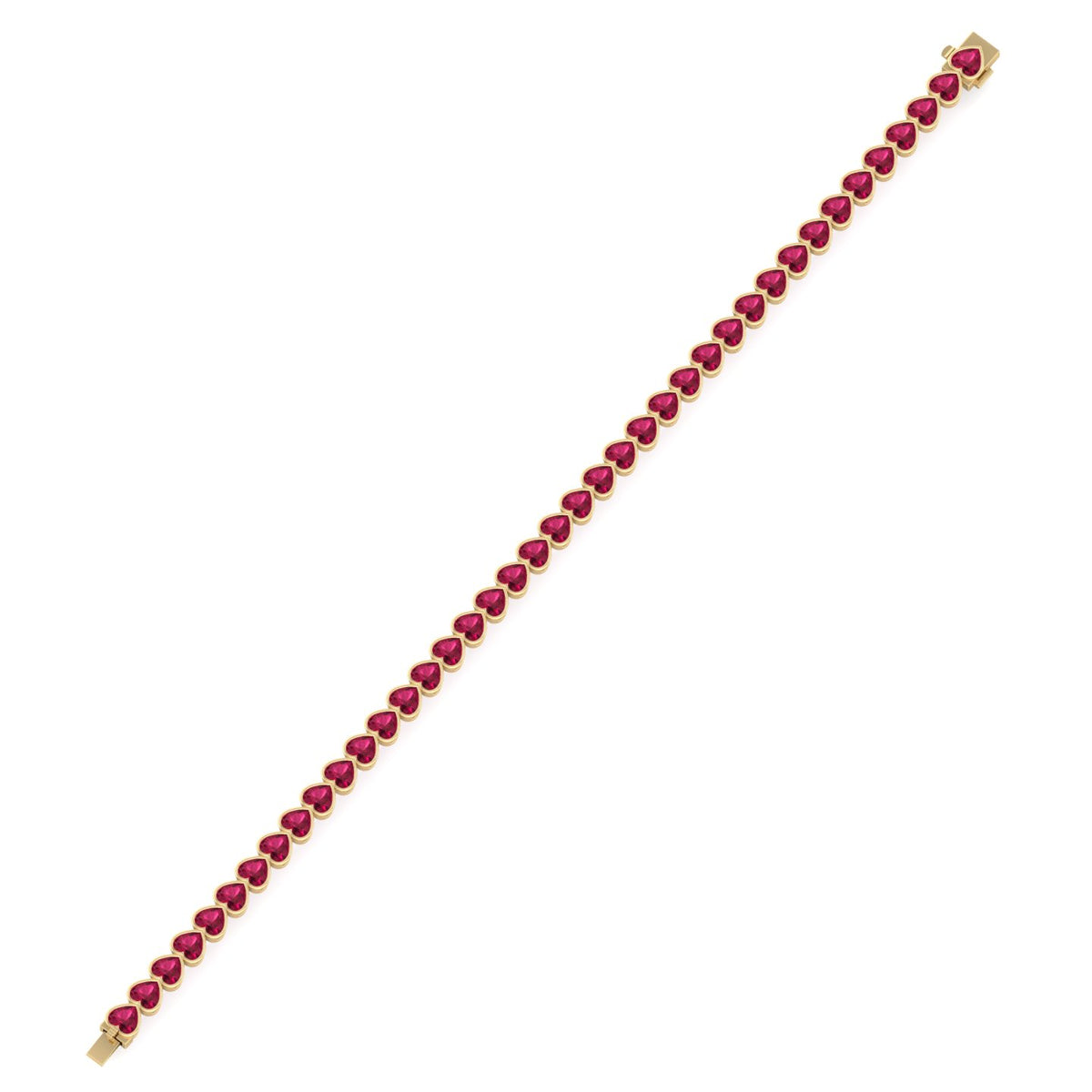 East to West Heart Shape Bezel Set Natural Red Ruby Tennis Bracelet Yellow Gold