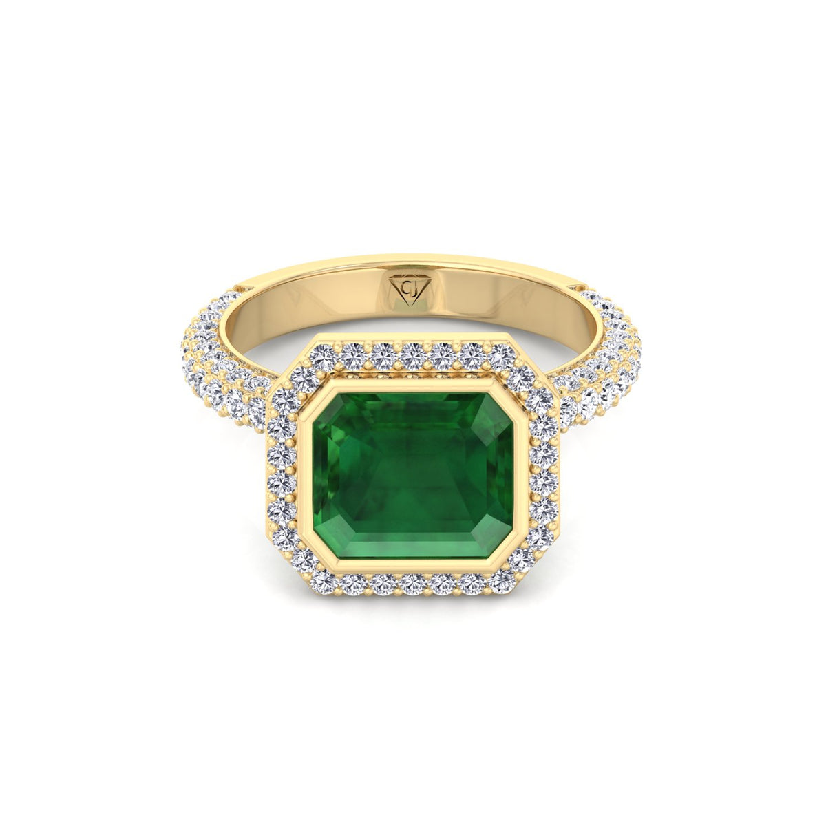 Natural Green Emerald Halo Engagement Ring With Pave Band YG 2