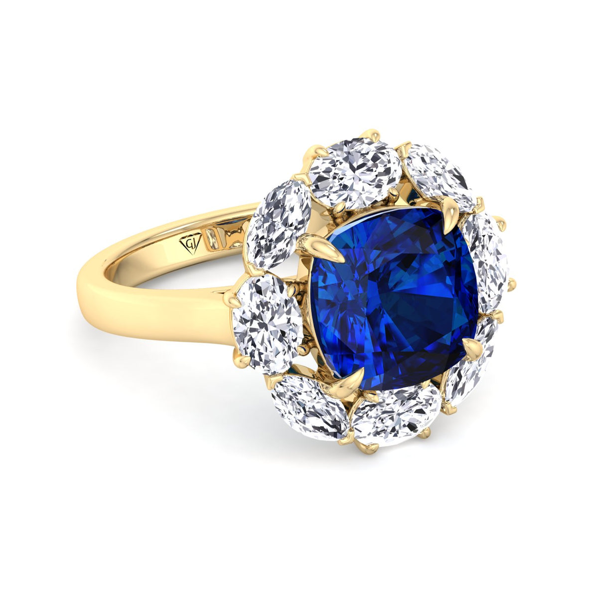 Valeria - Cushion Shape Blue Sapphire Engagement Ring With Oval and Marquise Diamond Side Stones - Gem Jewelers Co