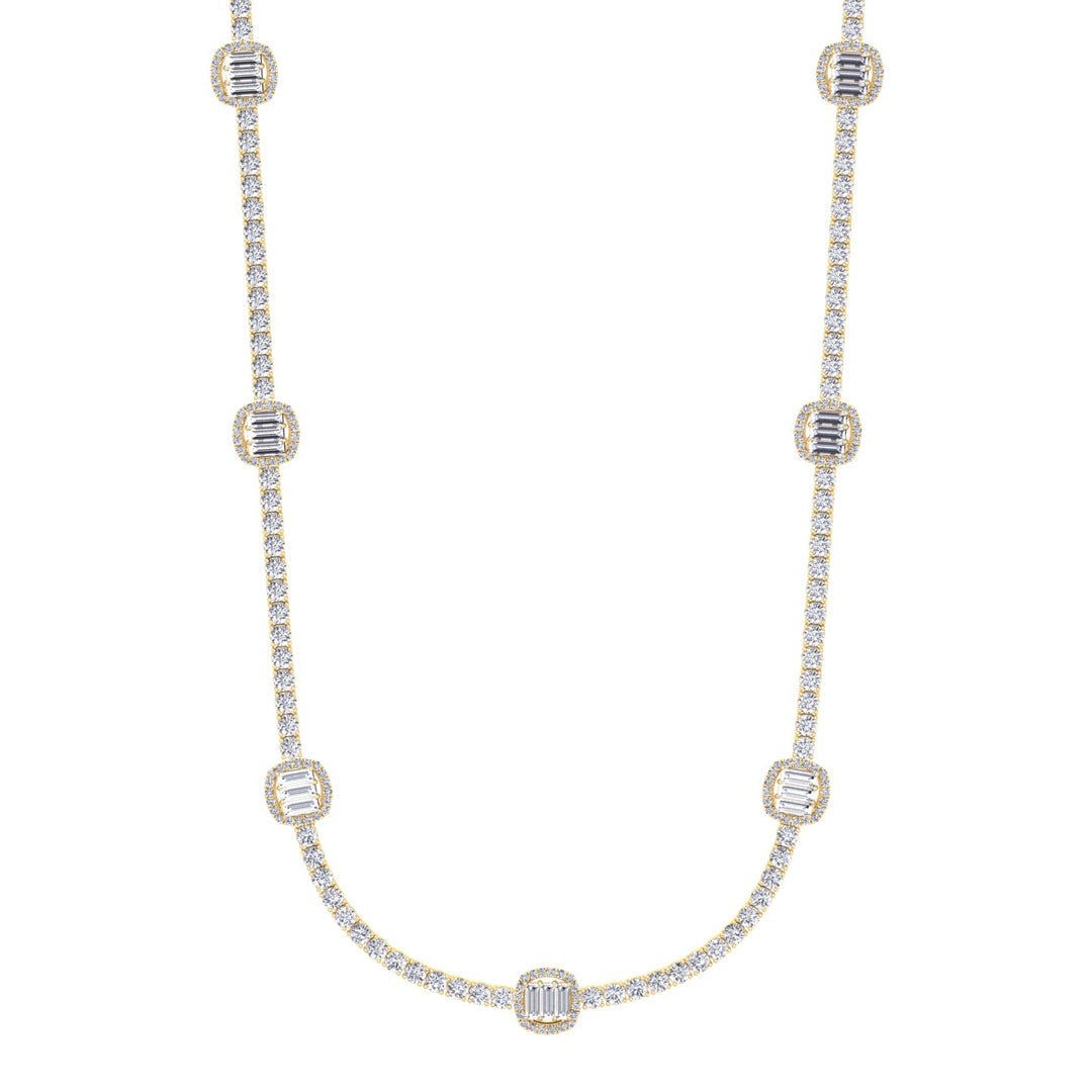 Emerald Shape Halo Station Natural Diamond Tennis Necklace in 14K Solid Gold Yellow Gold