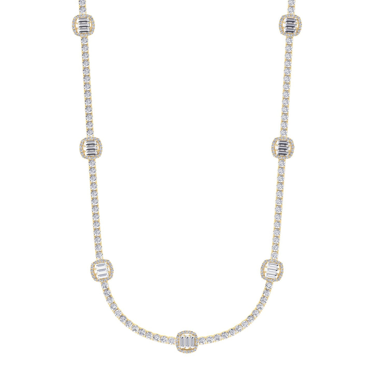 Emerald Shape Halo Station Natural Diamond Tennis Necklace in 14K Solid Gold Yellow Gold
