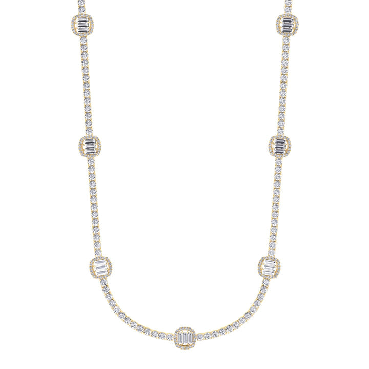 Emerald Shape Halo Station Natural Diamond Tennis Necklace in 14K Solid Gold Yellow Gold