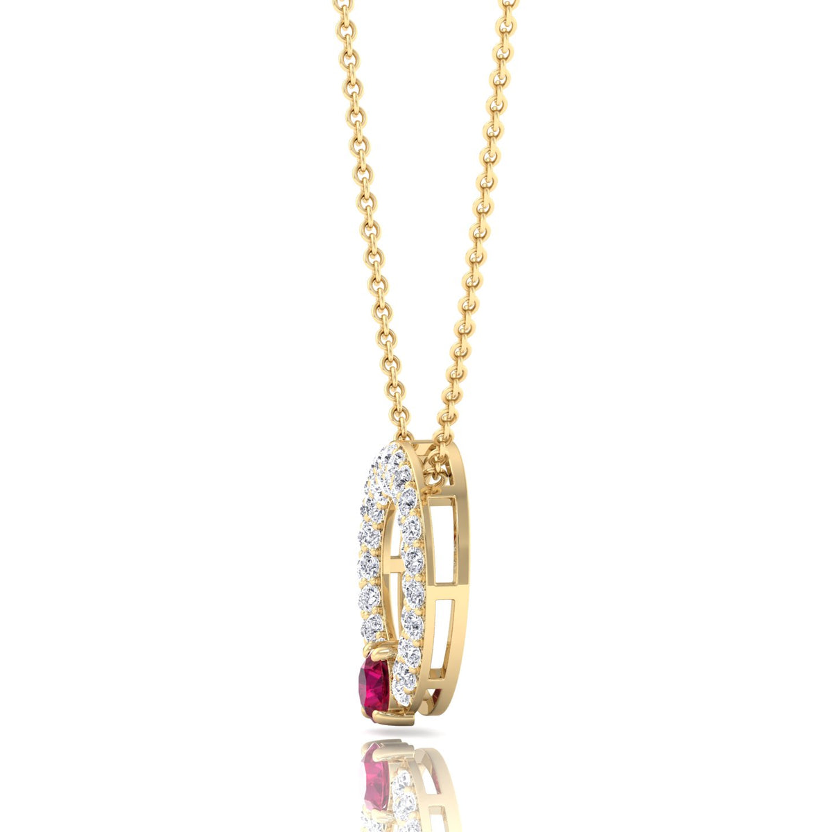 Round Shape Natural Diamond & Red Ruby Open Circle Pendant-1.25CT-14K-Yellow Gold
