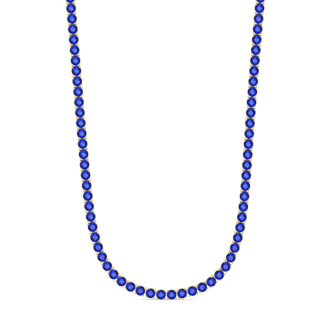 Round Cut Natural Blue Sapphire Tennis Necklace Yellow Gold 18K
