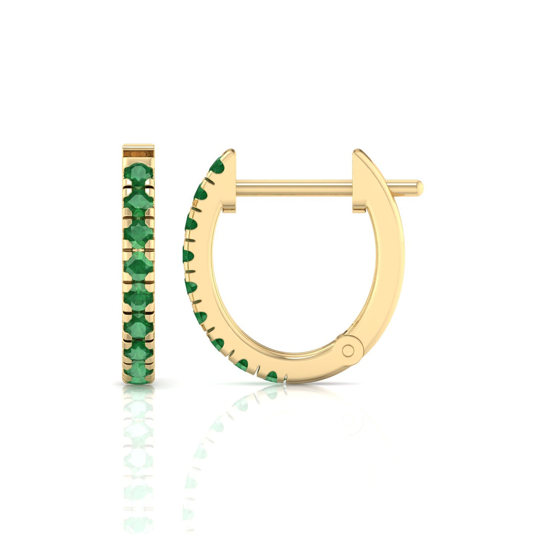 Natural Green Emerald Round Shape Huggie Hoop Earrings Yellow Gold 14K 1