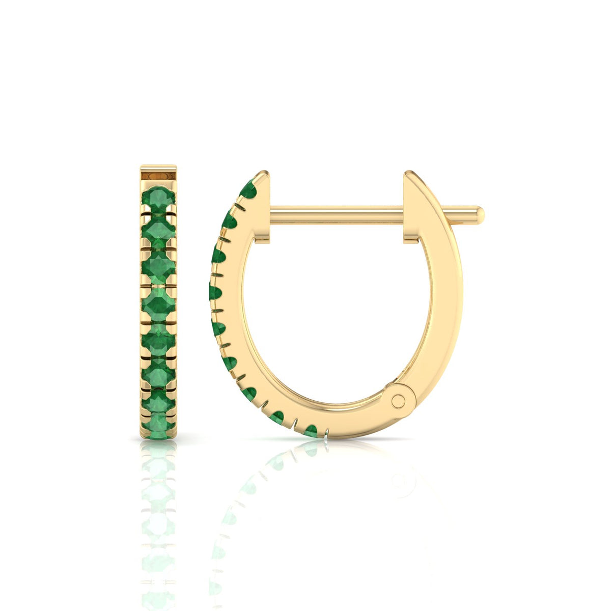 Natural Green Emerald Round Shape Huggie Hoop Earrings Yellow Gold 14K 1