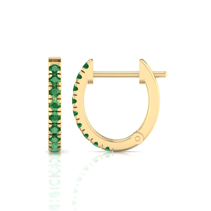 Natural Green Emerald Round Shape Huggie Hoop Earrings Yellow Gold 14K 1