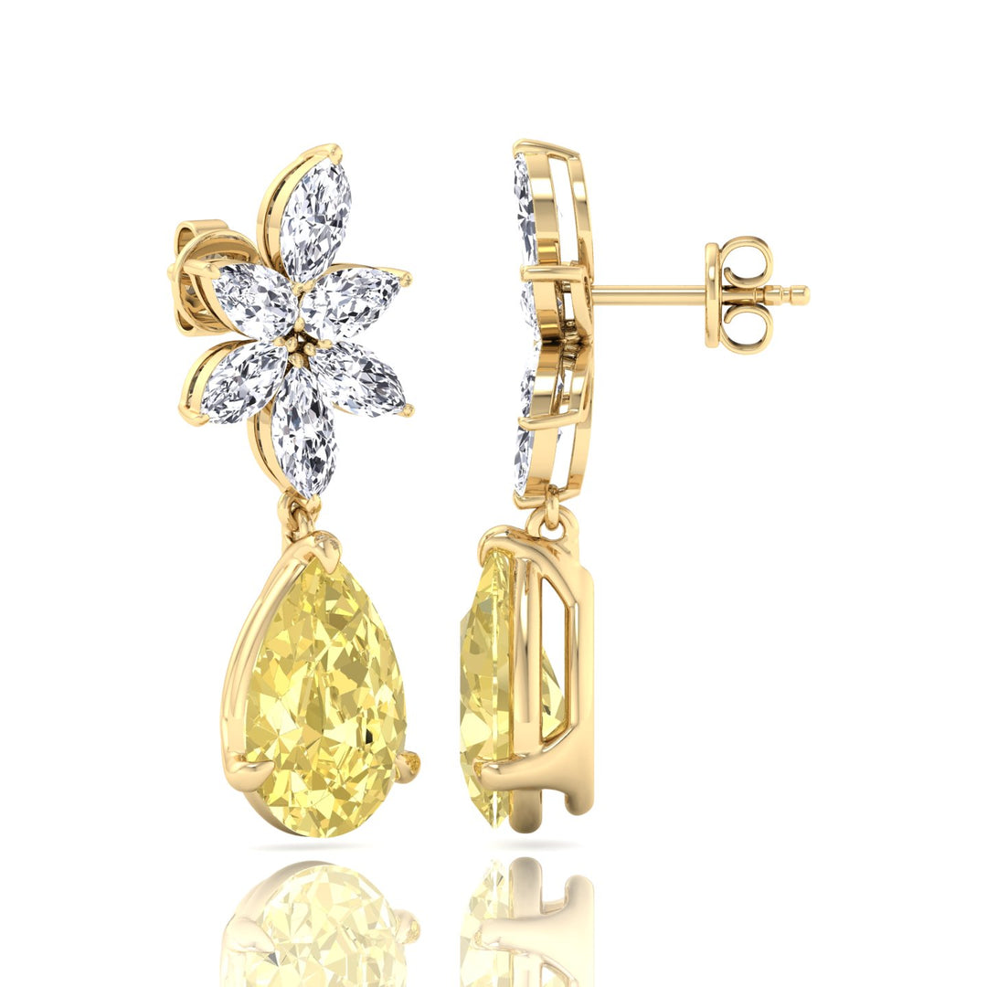 Pear & Marquise Cut Natural Diamond & Fancy Yellow Diamond Cluster Drop Earrings