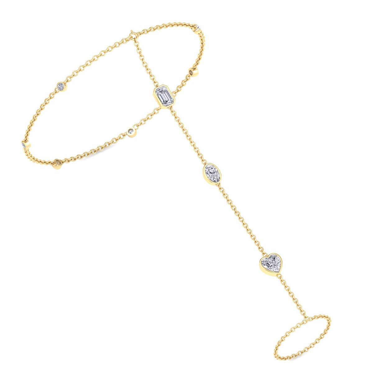 Bezel Set Natural Diamond Hand Ring Chain Yellow Gold 1.25ct