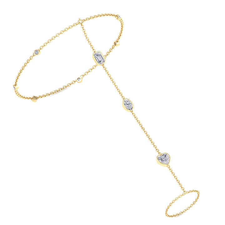 Bezel Set Natural Diamond Hand Ring Chain Yellow Gold 1.25ct